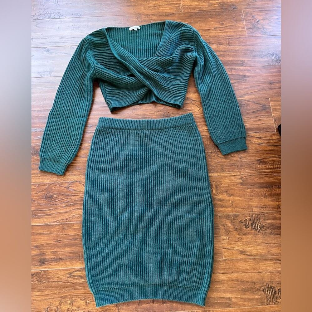 New Without Tag Forrest Green Ribbed Knit Crop Top Skirt Set Size Large Fall